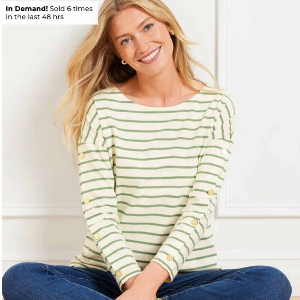 NWT - Talbots Plus Size Button Sleeve Crewneck Stripe 3/4 Sleeve Tee 3X